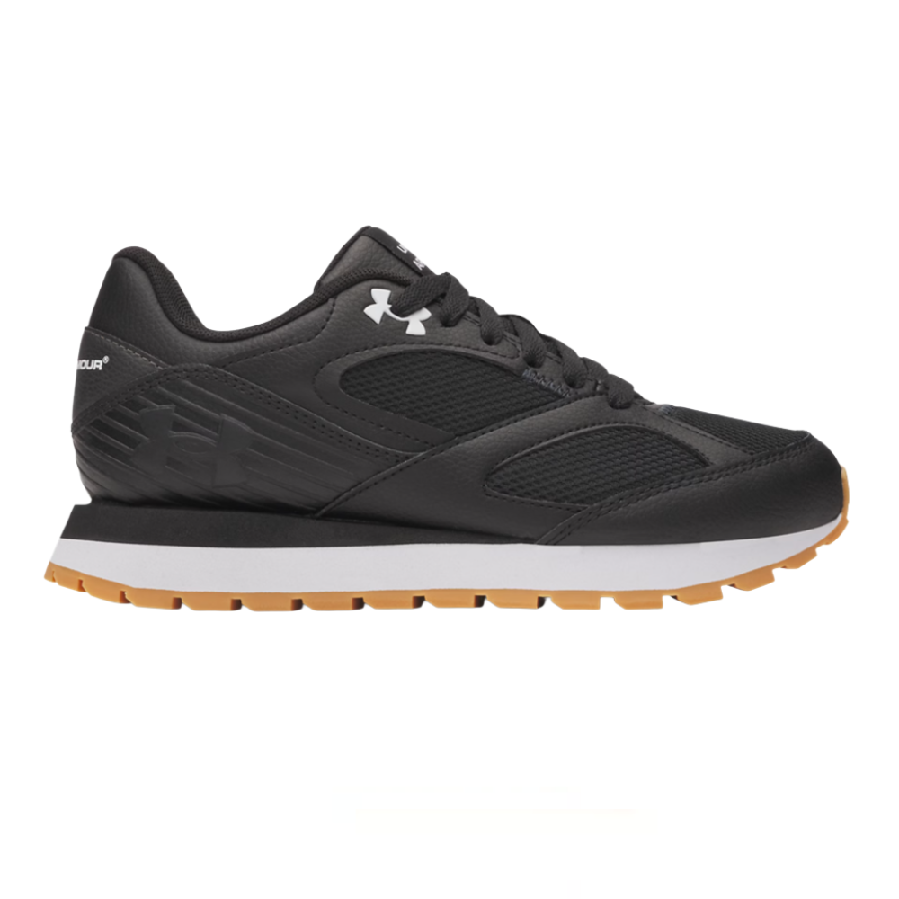 Black athletic sneaker with a low-top design, featuring mesh and leather upper, white midsole, and gum outsole. The shoe includes a logo on the side and back.