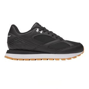 Black athletic sneaker with a low-top design, featuring mesh and leather upper, white midsole, and gum outsole. The shoe includes a logo on the side and back.
