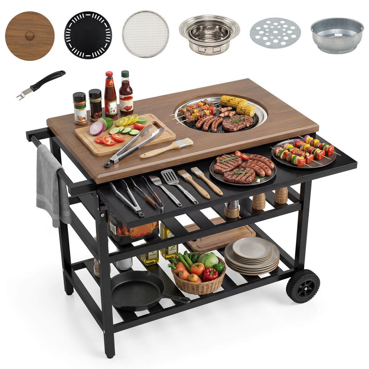 Outdoor BBQ cart with built-in grill featuring cooking utensils, spices, condiments, and a variety of foods like grilled meats and vegetables. Includes grill accessories like a mesh screen, pan, and grill plate with storage shelves below.