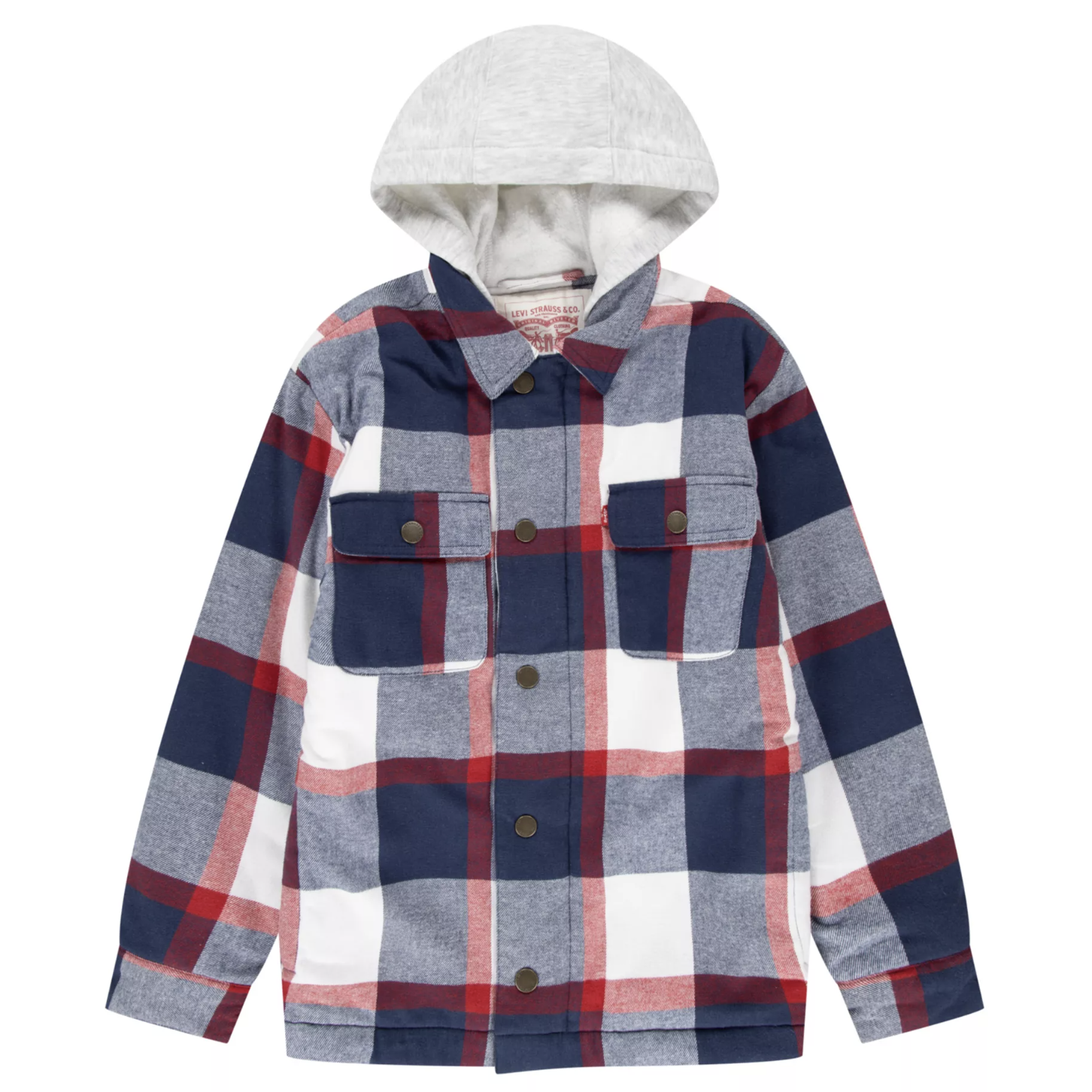 A plaid hooded jacket featuring a red, navy, and gray checkered pattern with dual chest pockets and button closures.