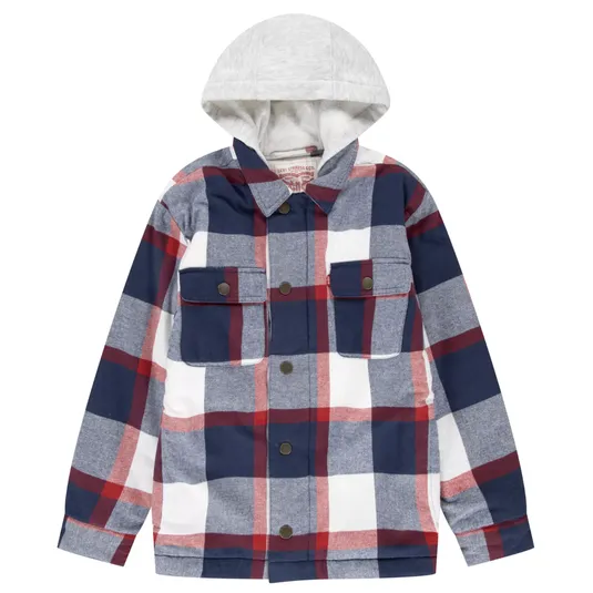 A plaid hooded jacket featuring a red, navy, and gray checkered pattern with dual chest pockets and button closures.