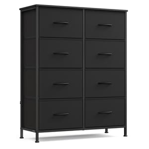 A black storage dresser with eight fabric drawers, featuring simple metal handles and a sturdy frame. Designed for organizing clothes or other items efficiently.