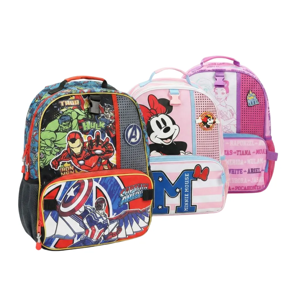 Three colorful children's backpacks featuring characters: Avengers theme with Thor, Hulk, Iron Man, and Captain America; Minnie Mouse in pink tones; Disney princesses with a light pink and purple design.