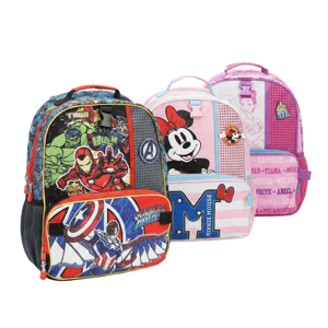 Three colorful children's backpacks featuring characters: Avengers theme with Thor, Hulk, Iron Man, and Captain America; Minnie Mouse in pink tones; Disney princesses with a light pink and purple design.