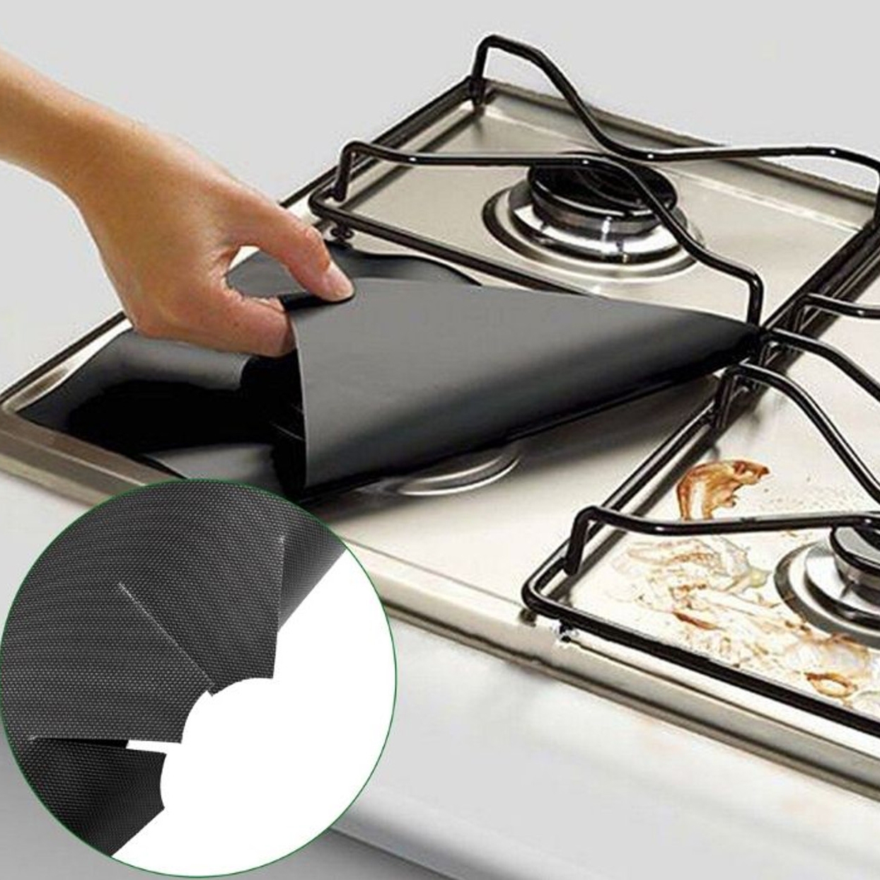 Reusable gas stovetop liners designed to protect burners from spills and stains, featuring a cut-out center for easy fit around gas burners. Easy to clean and remove, these liners keep stovetops looking tidy.