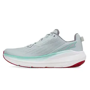 A light gray athletic running shoe with a thick white and red sole, featuring a teal accent along the side and mesh upper material for breathability.