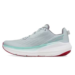A light gray athletic running shoe with a thick white and red sole, featuring a teal accent along the side and mesh upper material for breathability.
