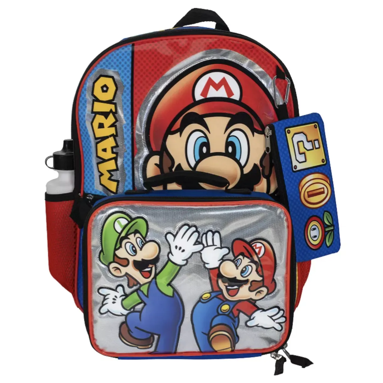A Super Mario-themed backpack featuring large images of the Mario and Luigi characters, with a front pocket showing both characters jumping. Includes a side water bottle holder and a game-themed zip pocket.