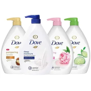 Four Dove body wash bottles with pumps are shown: Deep Moisture, Pampering with Shea Butter and Warm Vanilla, Restoring with Peony and Rose Oil, and Refreshing with Cucumber and Green Tea.