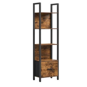 Industrial-style shelving unit with a black metal frame, wooden shelves, and a drawer at the bottom.