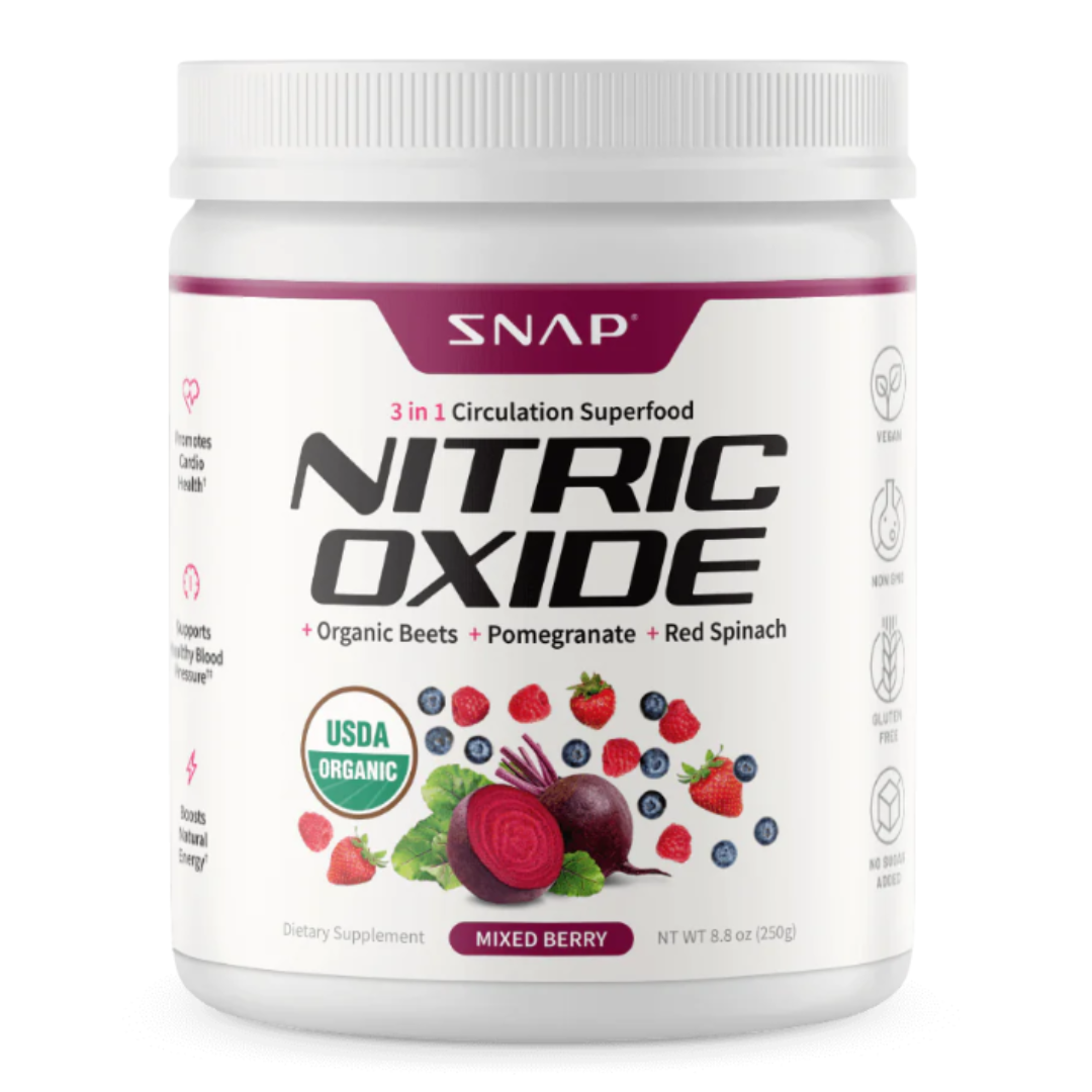 Snap Nitric Oxide Beets Powder is a 250g dietary supplement featuring organic beets, pomegranate, and red spinach. It is USDA organic, vegan, non-GMO, gluten-free, with no added sugar, in a mixed berry flavor to support cardio health and energy.