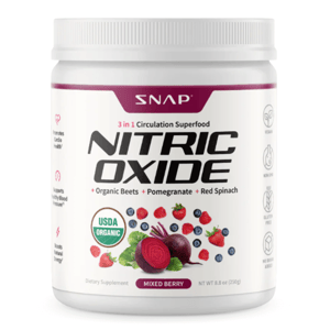Snap Nitric Oxide Beets Powder is a 250g dietary supplement featuring organic beets, pomegranate, and red spinach. It is USDA organic, vegan, non-GMO, gluten-free, with no added sugar, in a mixed berry flavor to support cardio health and energy.