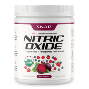 Snap Nitric Oxide Beets Powder is a 250g dietary supplement featuring organic beets, pomegranate, and red spinach. It is USDA organic, vegan, non-GMO, gluten-free, with no added sugar, in a mixed berry flavor to support cardio health and energy.