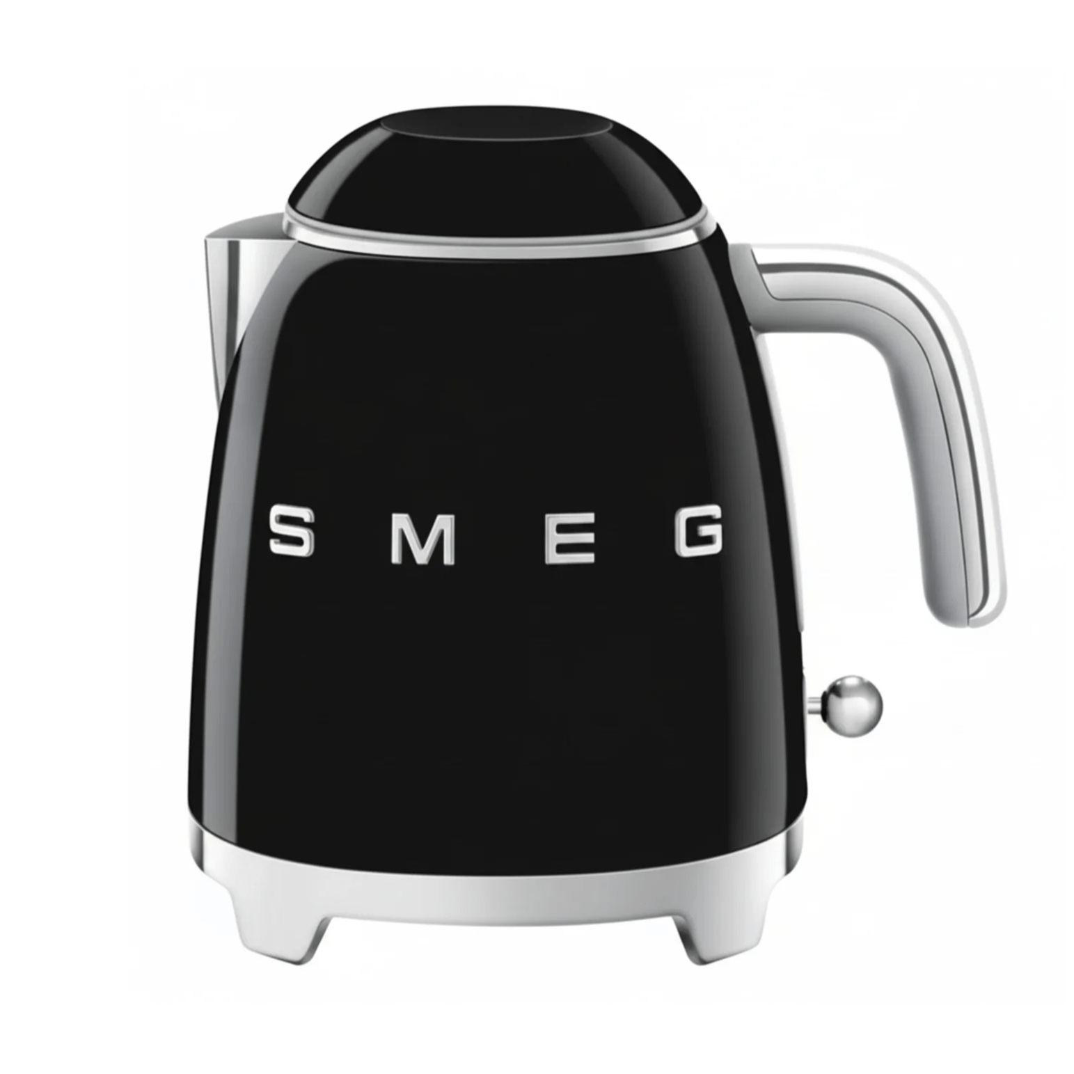 A black SMEG electric kettle with a sleek chrome handle and details, featuring a retro design.