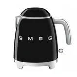 A black SMEG electric kettle with a sleek chrome handle and details, featuring a retro design.