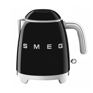 A black SMEG electric kettle with a sleek chrome handle and details, featuring a retro design.