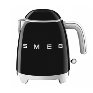 A black SMEG electric kettle with a sleek chrome handle and details, featuring a retro design.