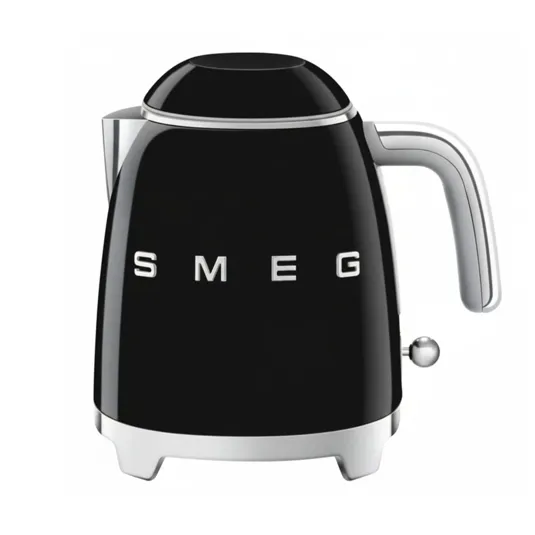 A black SMEG electric kettle with a sleek chrome handle and details, featuring a retro design.
