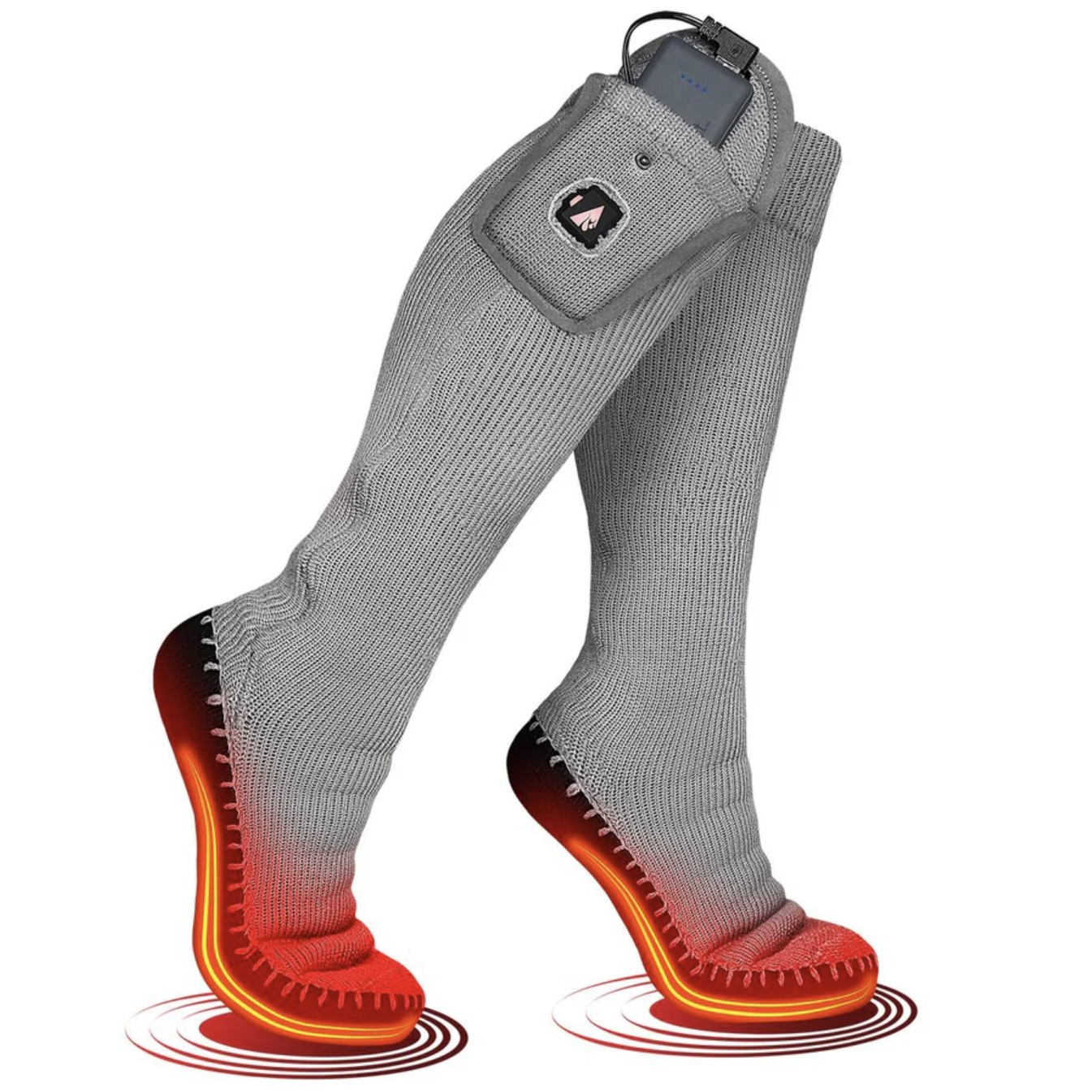 Heated socks with built-in heating elements, featuring battery packs attached near the top. The design shows them glowing red at the soles, indicating warmth.