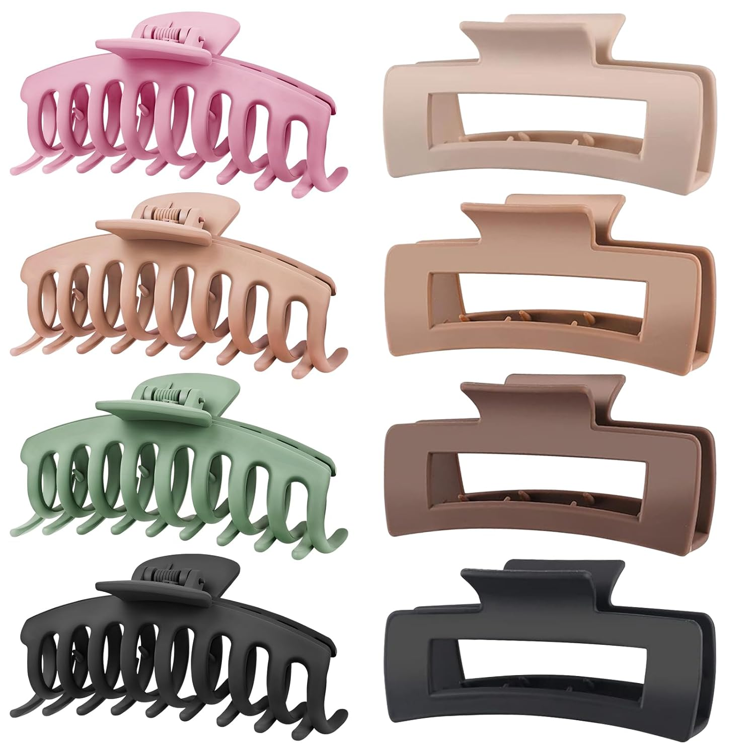 A set of four pastel and neutral-colored hair claw clips in two different shapes; curved with teeth and rectangular. Colors include pink, beige, green, and black.