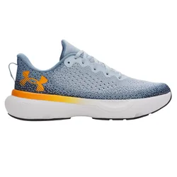 A blue and white Under Armour running shoe featuring a knit upper, orange accent, and \“HOVR\“ cushioning in the sole.