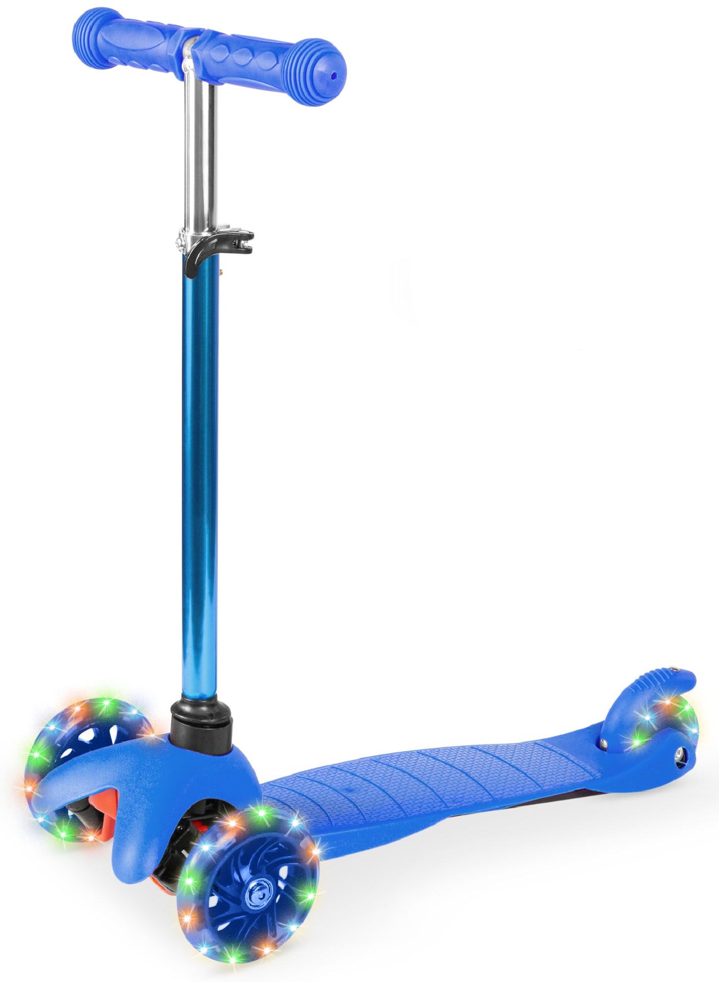 Blue three-wheeled scooter with LED light-up wheels and adjustable handlebar.