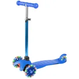 Blue three-wheeled scooter with LED light-up wheels and adjustable handlebar.