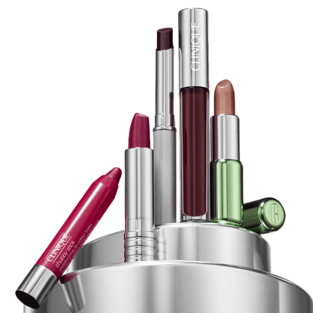 A collection of Clinique lip products in various shades, including lipstick, chubby stick, and gloss, displayed in a sleek silver container.