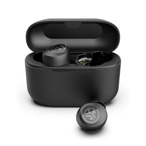 JLab Go Air Pop earbuds, shown in black, come with a compact charging case. They feature a minimalist design with a visible logo on the earbuds.