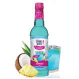 A bottle of Jordan's Skinny Mixes, Mermaid flavor syrup, featuring tropical citrus flavors, is shown next to a glass of blue drink, pineapple slices, and coconut. It has 0 calories and 0 sugar, 25.4 fl oz (750 ml).