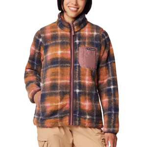 A plaid fleece jacket with a full zipper, featuring shades of brown, pink, and blue, and a contrasting chest pocket. The jacket is paired with beige cargo pants.