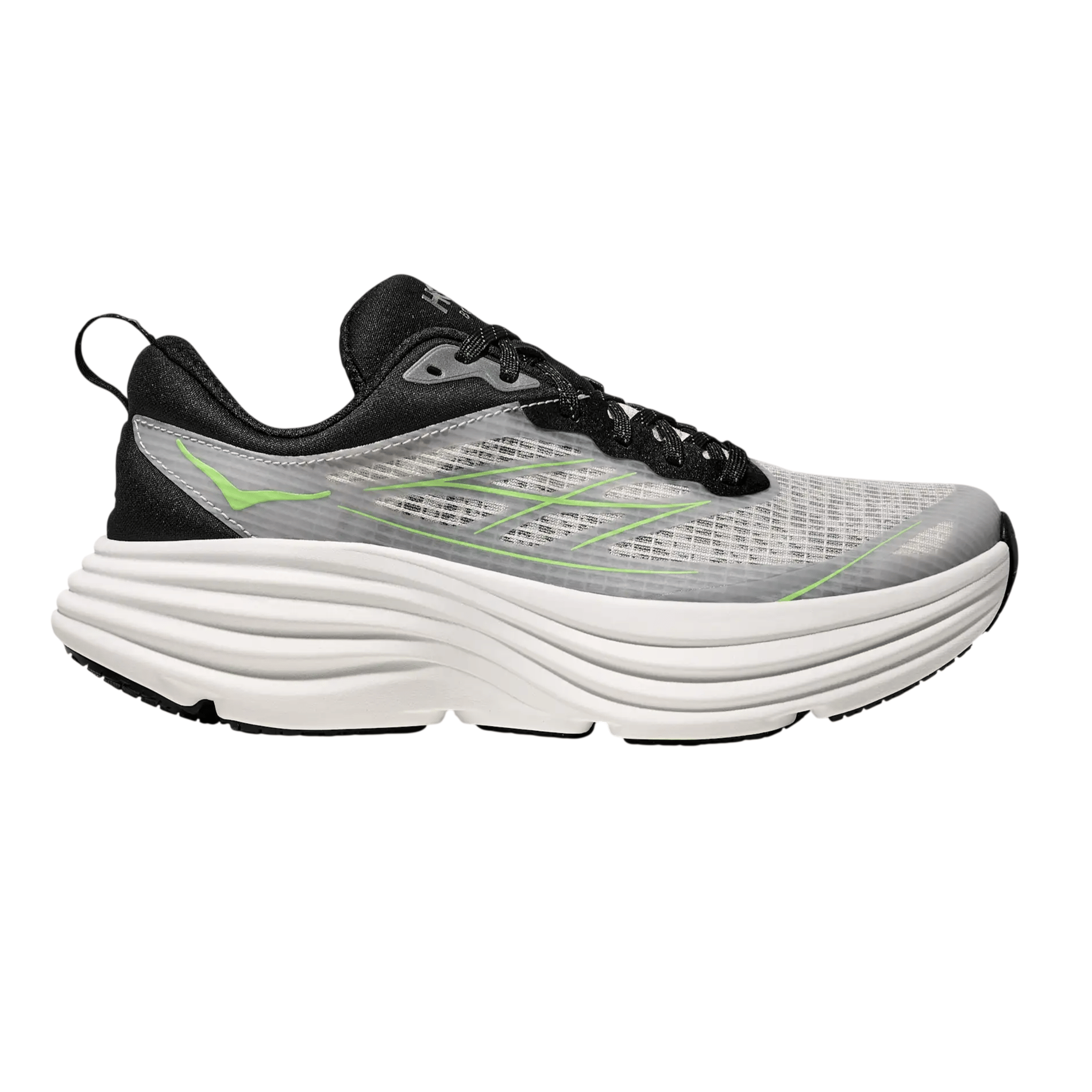 Running shoe with a black, gray, and neon green design, featuring a thick, white, cushioned sole.