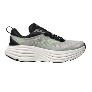 Running shoe with a black, gray, and neon green design, featuring a thick, white, cushioned sole.