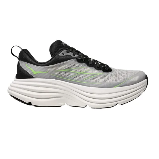 Running shoe with a black, gray, and neon green design, featuring a thick, white, cushioned sole.