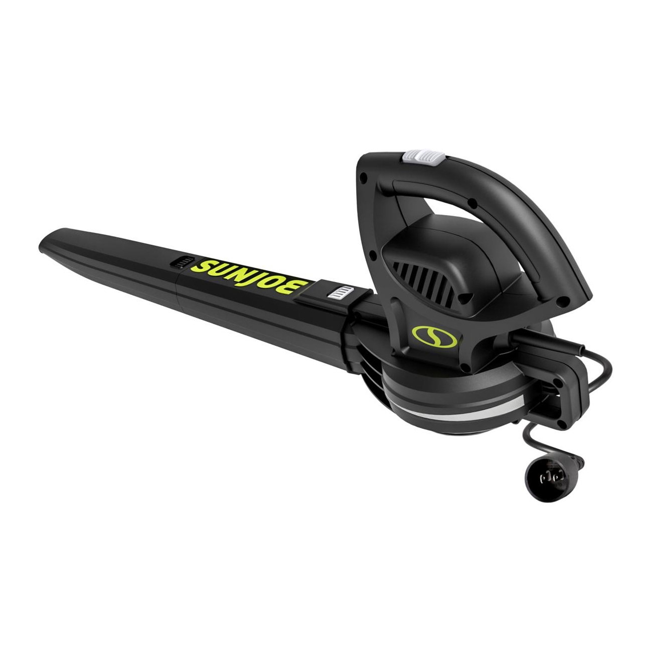 Sun Joe Corded Compact Blower is a lightweight, electric blower ideal for clearing debris. It features a sleek design with a black and green color scheme, ergonomic handle, and a corded plug for continuous power.
