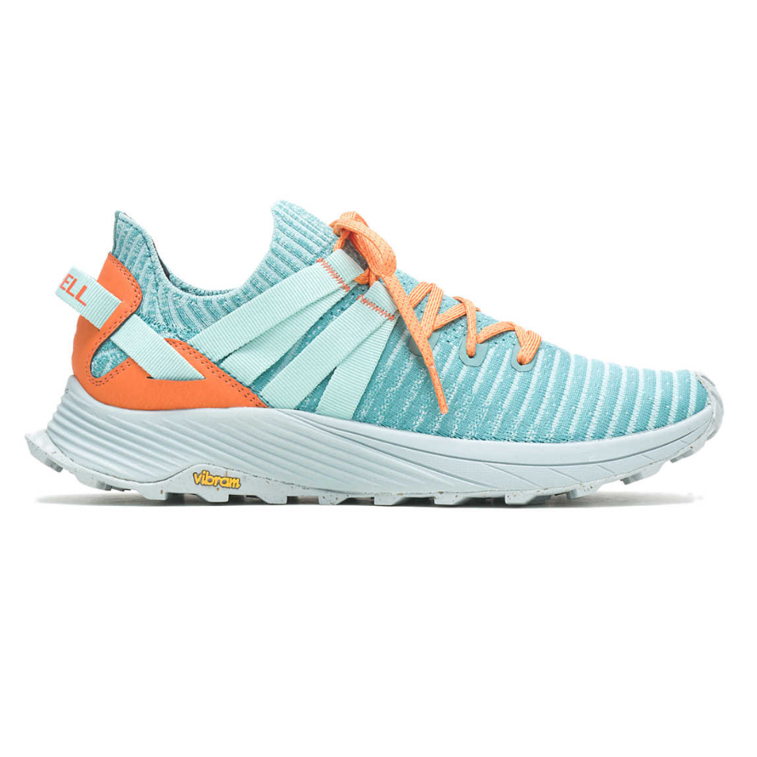 A light blue and orange athletic shoe with knit upper and Vibram sole, featuring criss-cross lacing and branded heel strap.