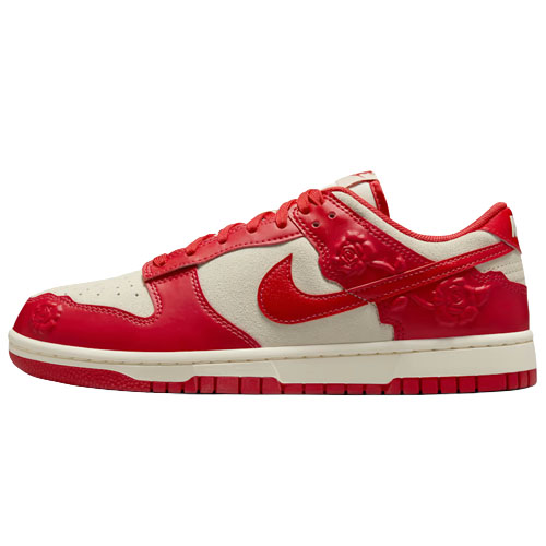 A red and white sneaker featuring a floral pattern on the red panels and a prominent Swoosh logo on the side.