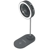 A small desktop fan with LED lighting on a vertical stand, featuring a wireless charging pad on the base labeled \“Veho.\“