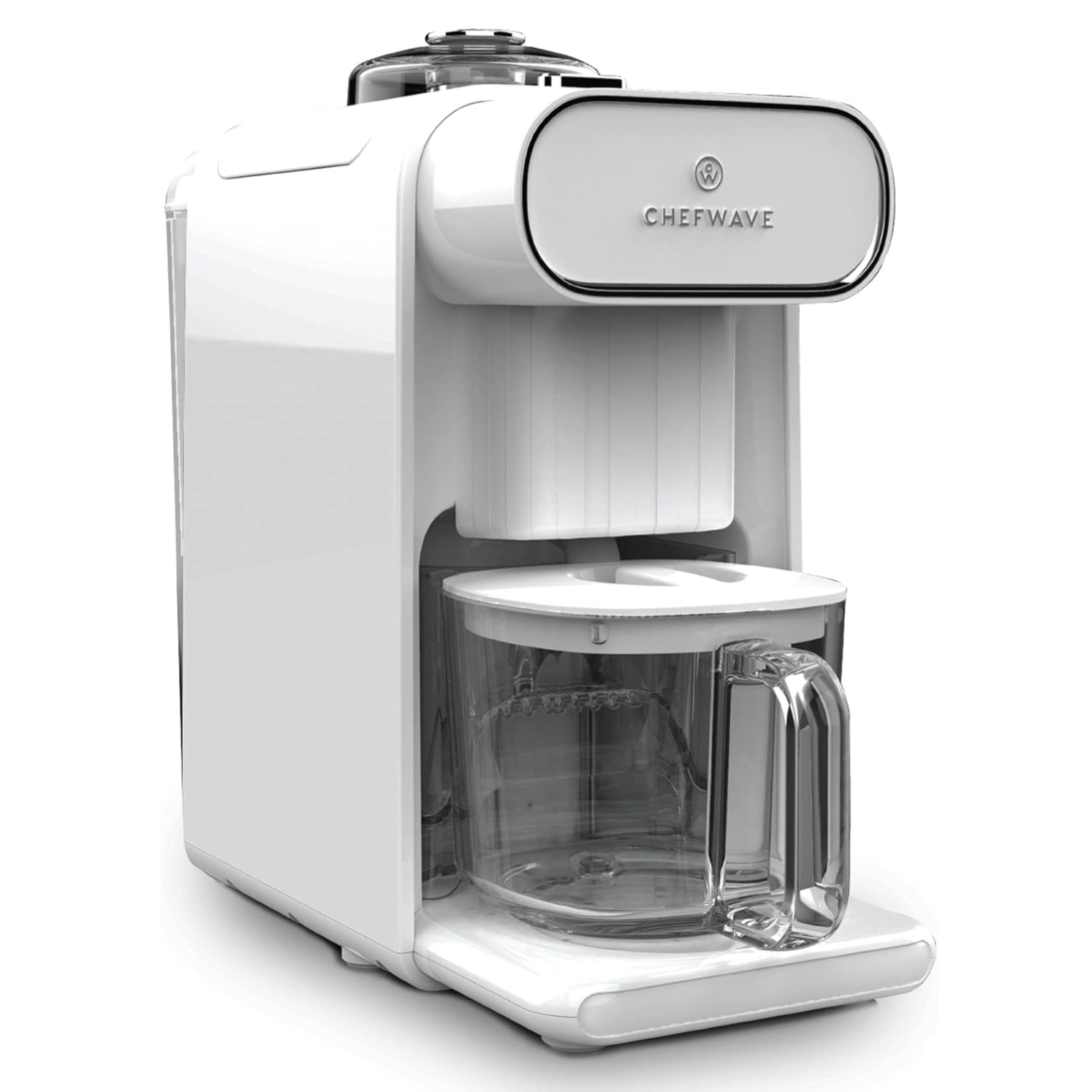 A white ChefWave kitchen appliance designed for making beverages, featuring a glass container with a handle.