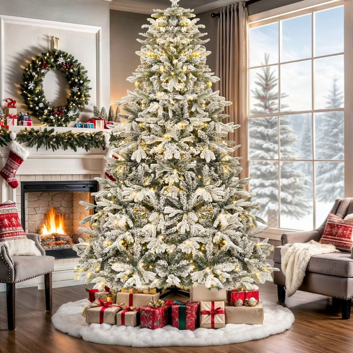 A decorated Christmas scene with a snow-covered artificial tree, presents, a lit fireplace, stockings, and a wreath on the mantel. The room features cozy armchairs with holiday-themed pillows and large windows overlooking a snowy landscape.