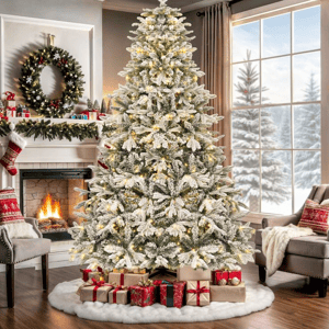 A decorated Christmas scene with a snow-covered artificial tree, presents, a lit fireplace, stockings, and a wreath on the mantel. The room features cozy armchairs with holiday-themed pillows and large windows overlooking a snowy landscape.