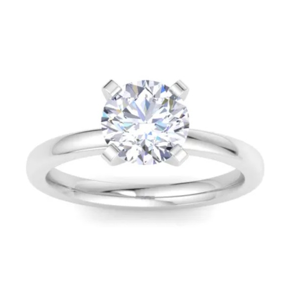 A solitaire ring featuring a 2-carat round lab-grown diamond set in a classic 14K white gold band with four prongs.