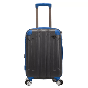 A black and blue hard-shell suitcase with a telescopic handle and four spinner wheels.