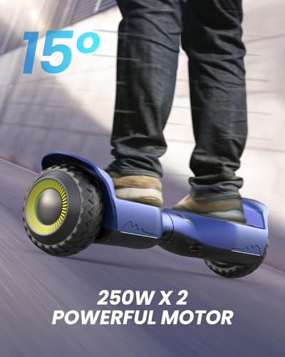 A person rides a hoverboard with a 15-degree incline capability and dual 250W motors, featuring large wheels for stability.