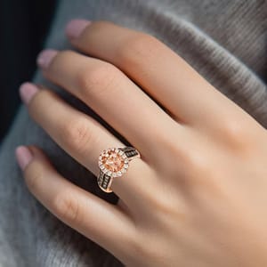 A hand with painted nails is wearing a rose gold ring featuring a large pink gemstone surrounded by smaller clear diamonds.