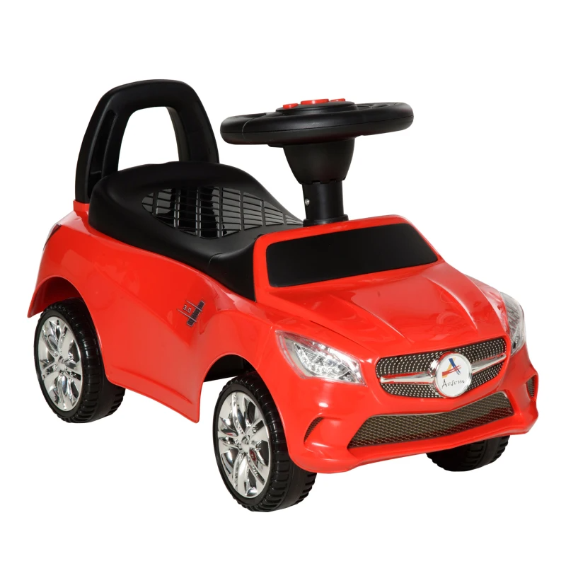 Red children's ride-on toy car with a black seat and steering wheel, featuring a grille with a logo and shiny wheels.
