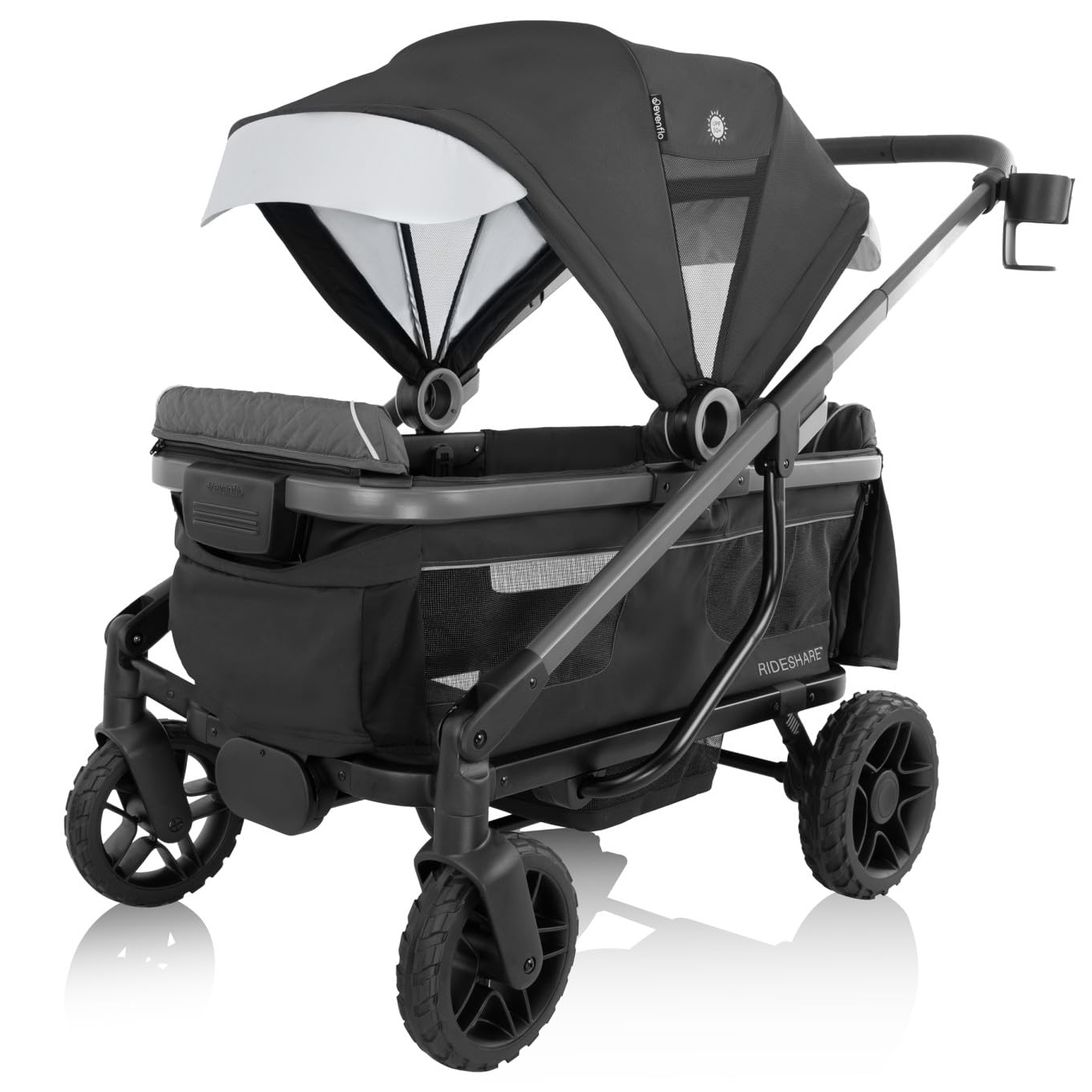 Evenflo All-Terrain Stroller with a rugged design featuring large wheels, a sturdy black frame, adjustable canopy, and storage space, suitable for various terrains and multiple passengers.
