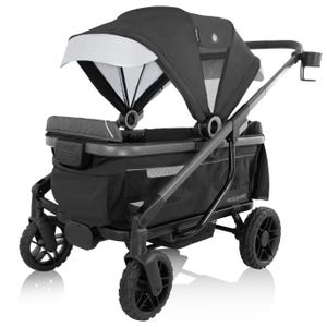 Evenflo All-Terrain Stroller with a rugged design featuring large wheels, a sturdy black frame, adjustable canopy, and storage space, suitable for various terrains and multiple passengers.