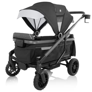Evenflo All-Terrain Stroller with a rugged design featuring large wheels, a sturdy black frame, adjustable canopy, and storage space, suitable for various terrains and multiple passengers.