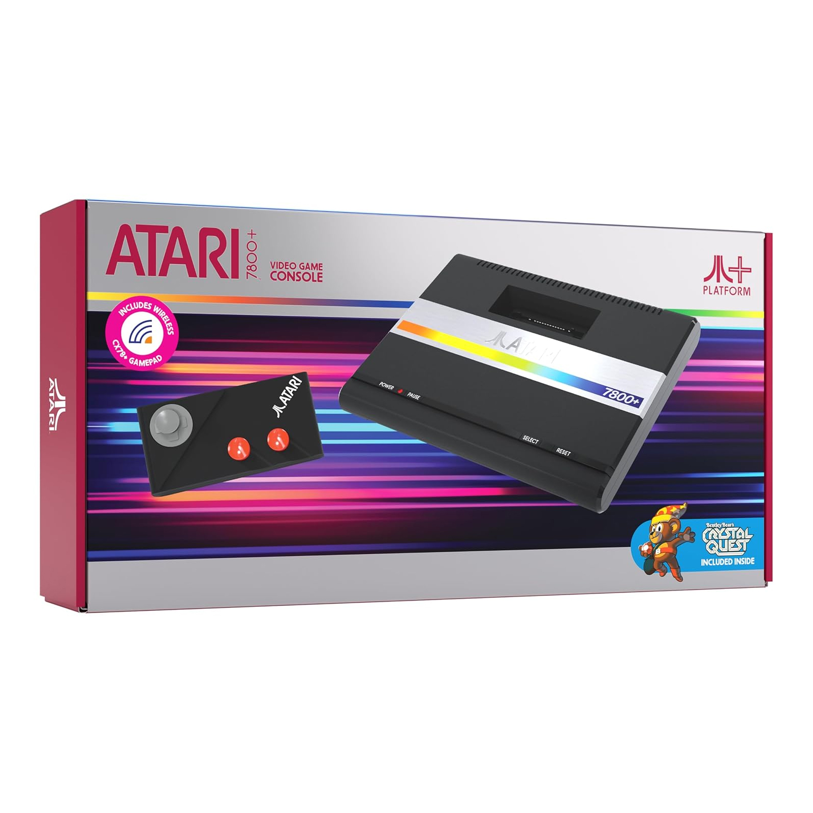 Atari 7800+ video game console with wireless CX78 gamepad, featuring a sleek design and the game \“Crystal Quest\“ included.